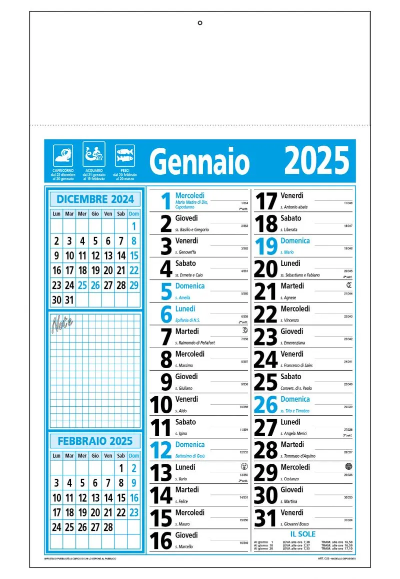 Calendario olandese note 2025 azzurro nero C2390B