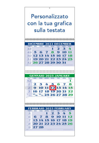 Calendario trittico personalizzato per aziende blu/verde con spirali